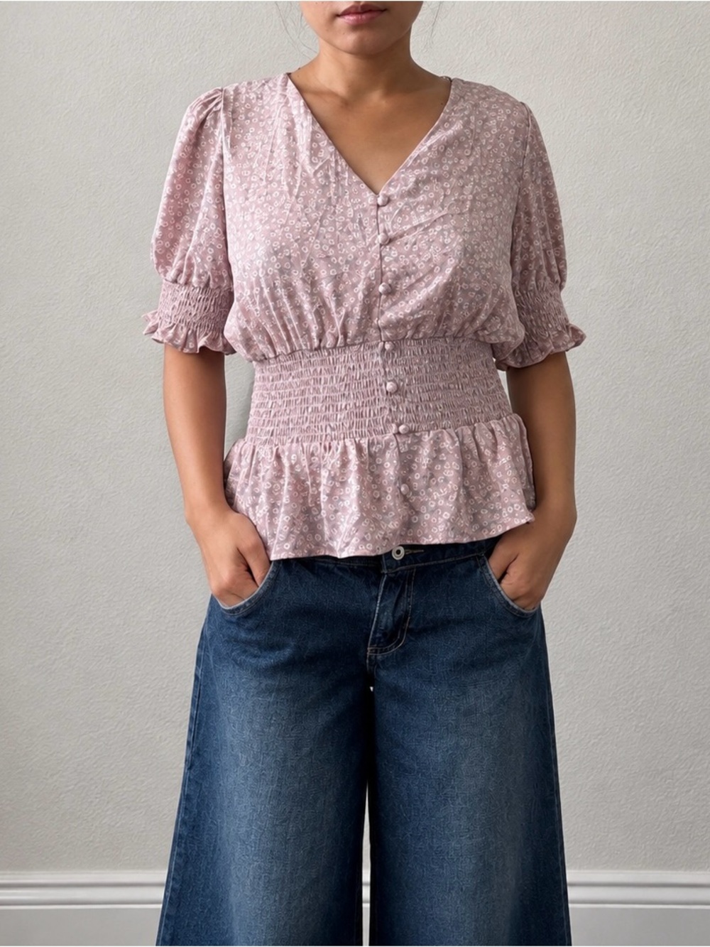 Sienna Sky Dusty Pink Smocked Floral V-Neck Blouse